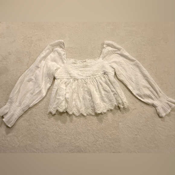 American Eagle Large Smocked White Peplum Blouse Boho Cottagecore LongSleeve Top - Picture 2 of 15